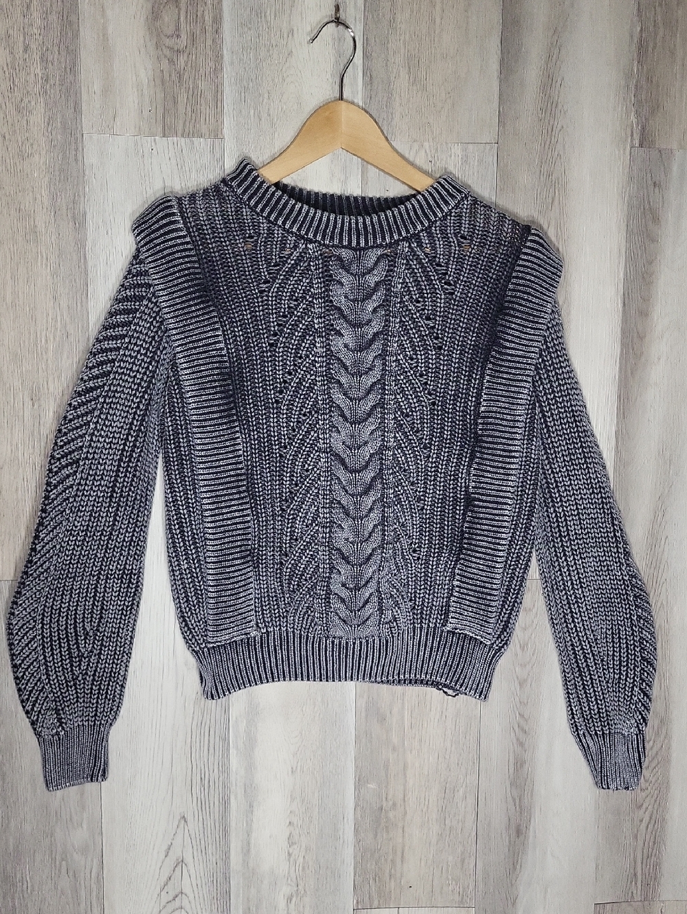Evereve Kierra Slate Grey Cable Knit Sweater‎ Womens Large Fisherman Cotton Boho